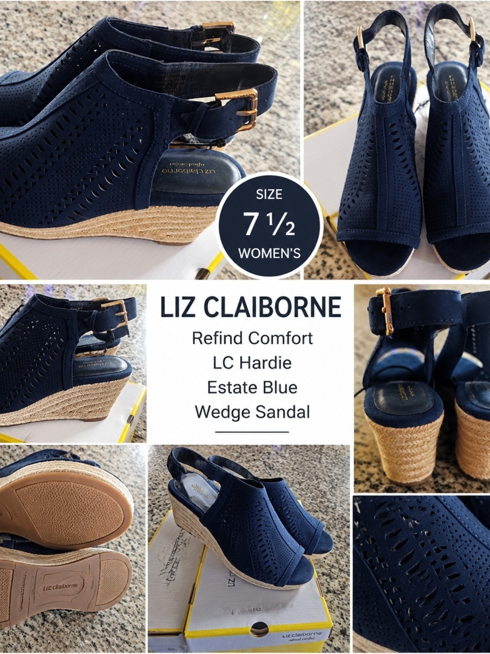 Liz Claiborne Estate Blue Perforated Espadrille Wedge Sandals